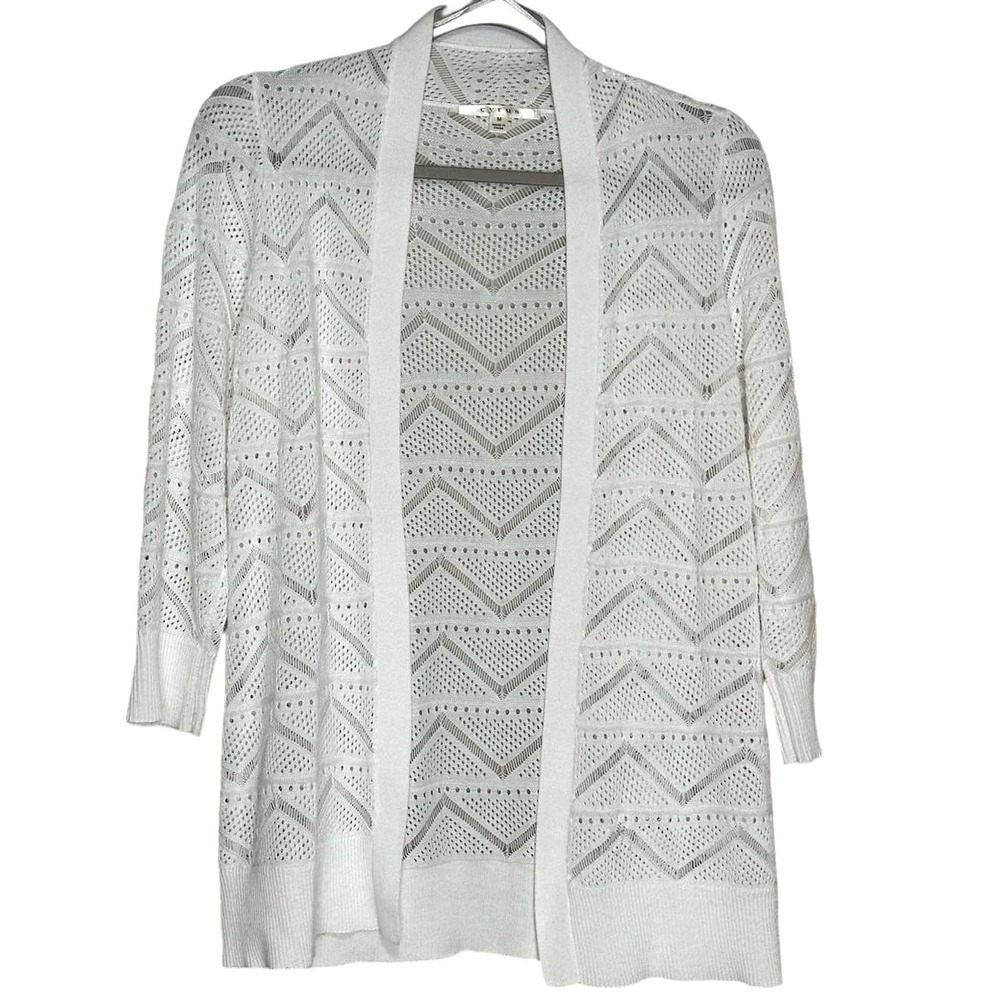Cyrus White Laser Cut Crochet Detail Casual Basic Open Front Cardigan Medium
